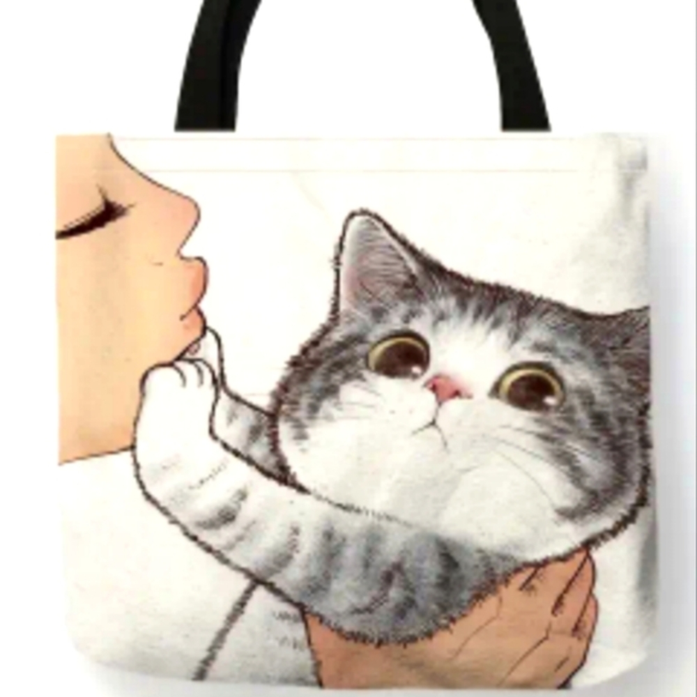 NEW Kissing Kitty Cat Print Tote Bag Large Reusable Gray Tabby #1